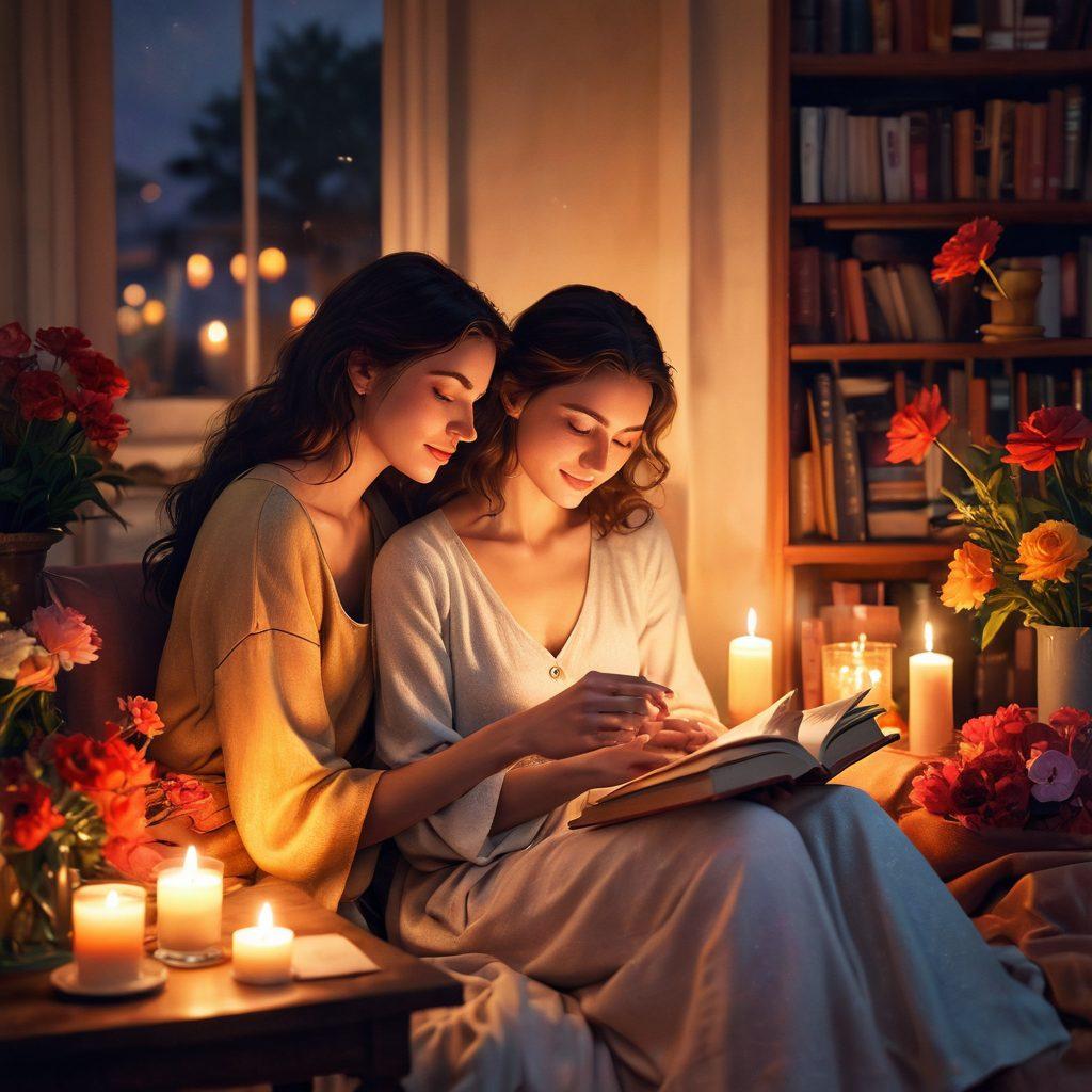 An intimate scene depicting two women in a cozy setting, sharing a passionate moment, surrounded by soft candlelight and vibrant flowers. Their expressions convey deep connection and desire, with colorful fabrics and warm textures enhancing the atmosphere. Subtle elements like books and art can hint at shared interests, creating a narrative of exploration and love. Digital illustration. warm colors. soft focus.