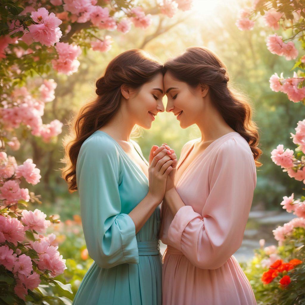 A beautifully intimate scene depicting two women sharing a heartfelt moment, enveloped in nature's vibrant colors, surrounded by blossoming flowers and soft sunlight. Their joyful expressions reflect deep connection and companionship, capturing the essence of romance. Incorporate symbols of love, such as intertwined hands or a shared gaze, while ensuring a warm, inviting atmosphere. pastel tones. super-realistic. soft focus.